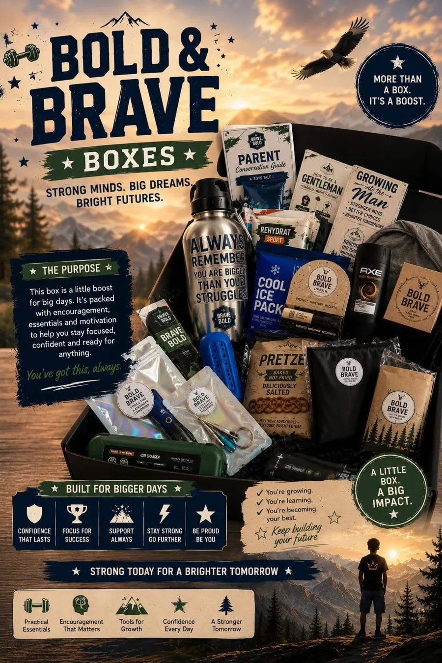 Bold and Brave Boxes artwork: an open box of boys' products in a mountain setting, Strong Minds. Big Dreams. Bright Futures.