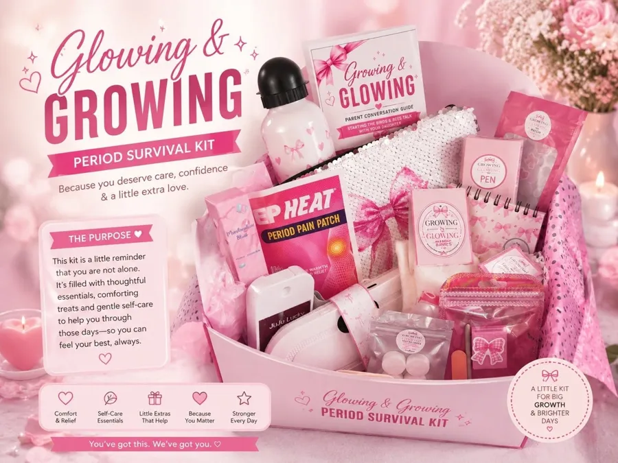 Glowing and Growing Period Survival Kit artwork: a pink flat-lay of the kit with its contents laid out
