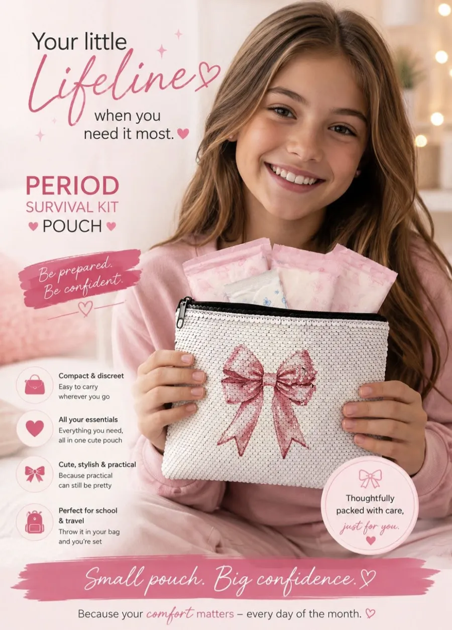 Period Survival Kit Pouch artwork: a smiling girl holding a white sequin pouch with a pink bow