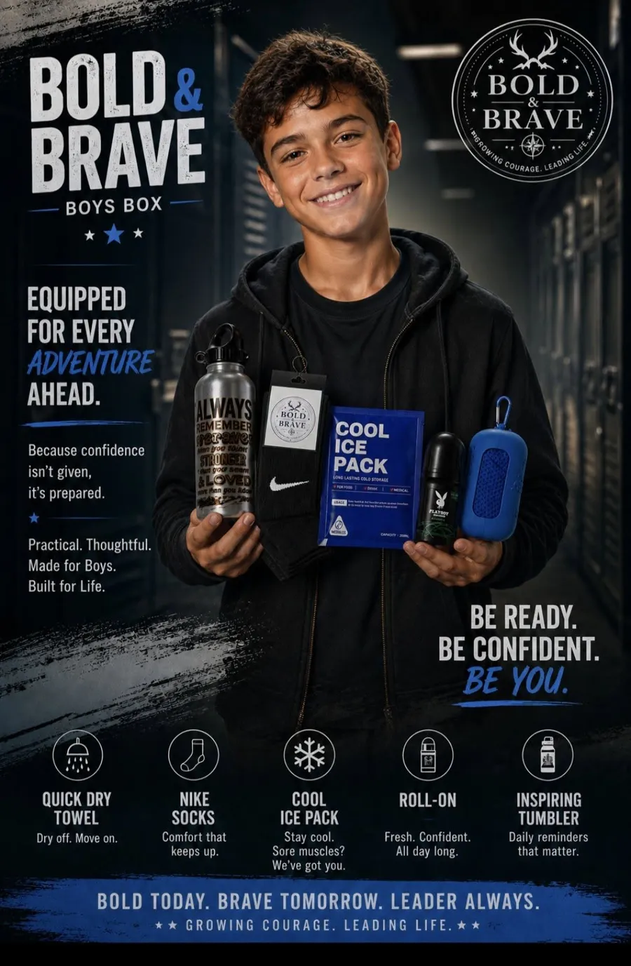 Bold and Brave boys box artwork: a boy in a black hoodie holding a tumbler, socks, an ice pack and a roll-on