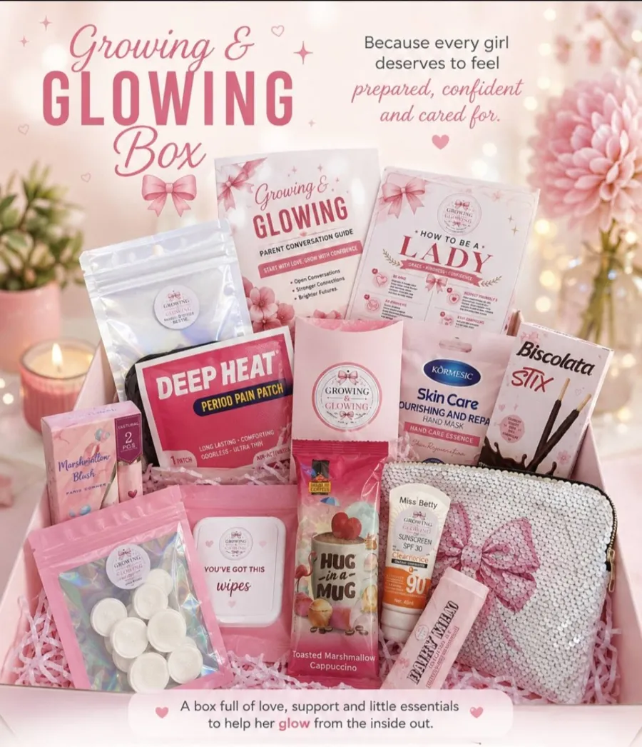 Growing and Glowing box artwork: a pink flat-lay of box contents including a period patch, wipes, sunscreen and a sequin pouch