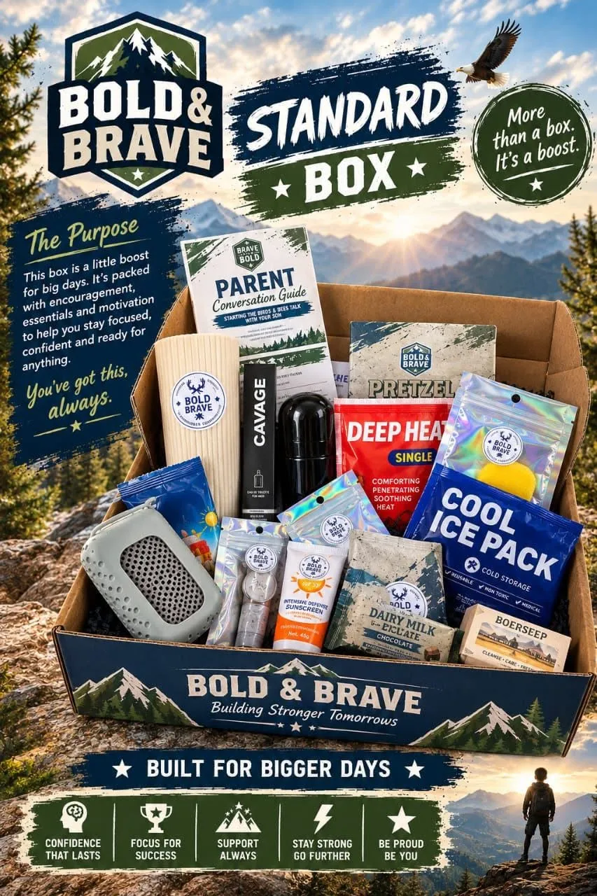 Bold and Brave Standard Box artwork: an open box of boys' products against a mountain sunset