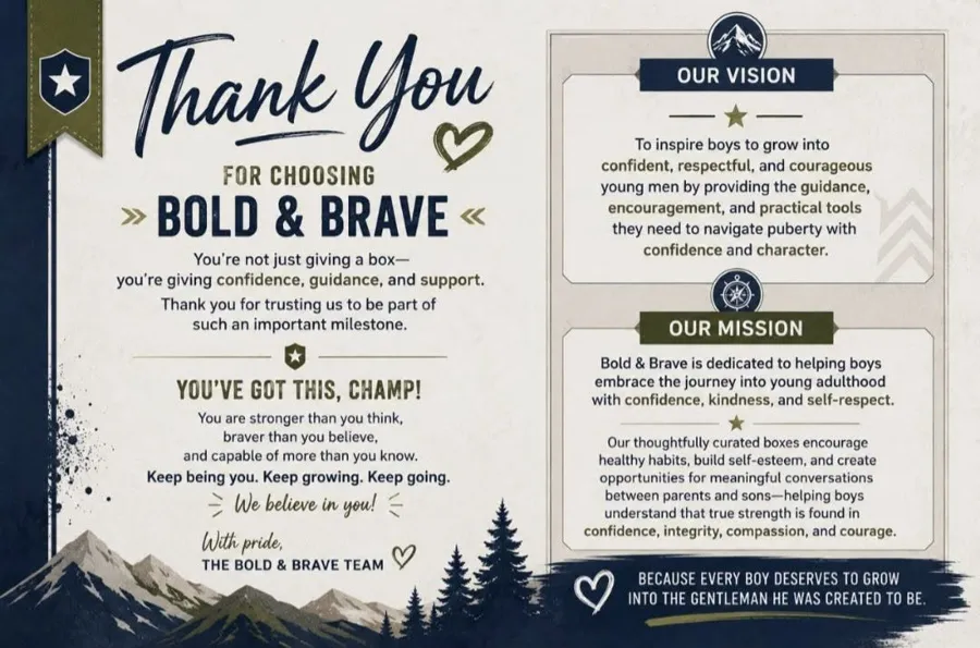 Thank you for choosing Bold and Brave: card with the Bold and Brave vision and mission